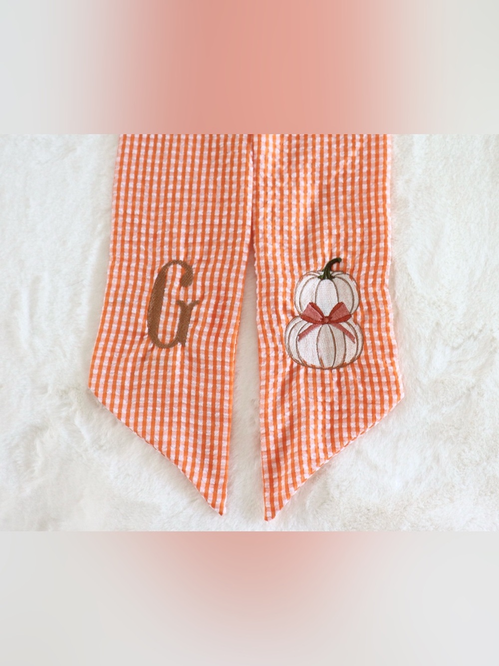 Custom Embroidered Fall Wreath Sash 🍂 Orange Gingham Pumpkin & Monogram